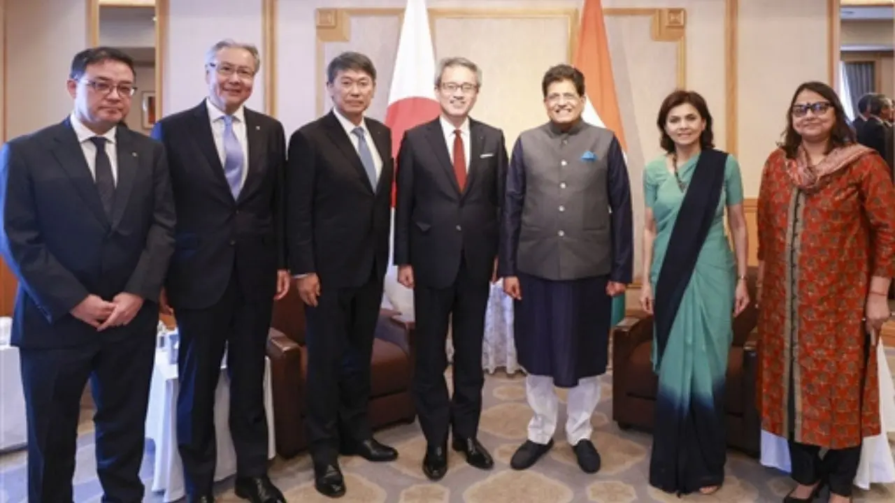 Union Minister for Commerce and Industry Piyush Goyal, third right, during a meeting with Masayuki Omoto, centre, President & CEO of Marubeni Corporation, and its senior leadership, in Tokyo, Japan. Pic/PTI